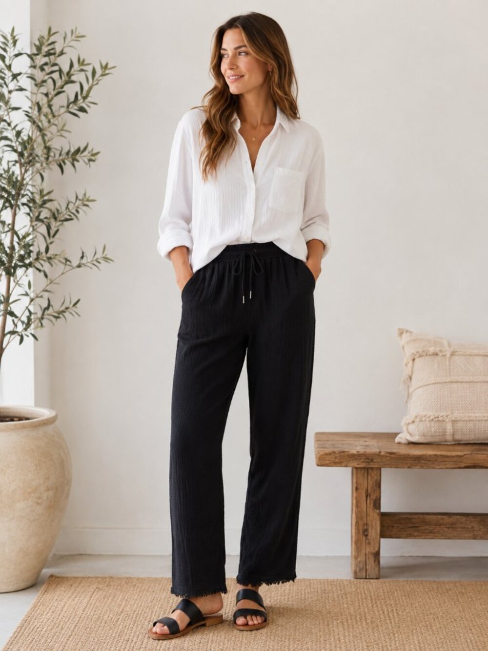 Calvin Klein Jeans Gauze Cotton Straight Leg Pants Women's Small Black Pull-On